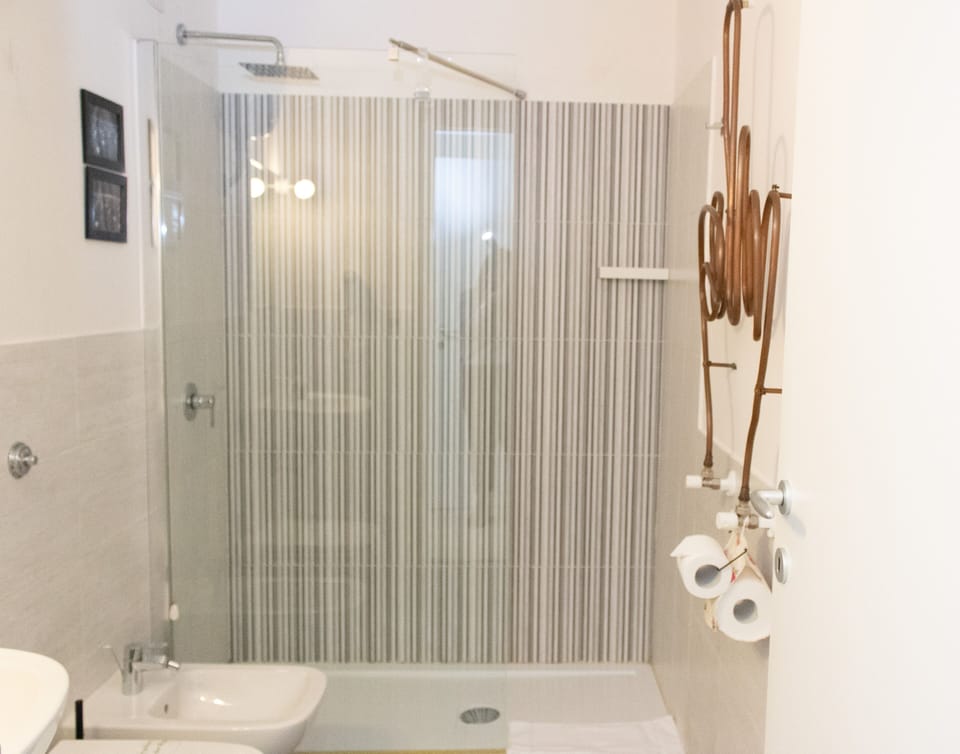 Shower, rainfall showerhead, free toiletries, hair dryer