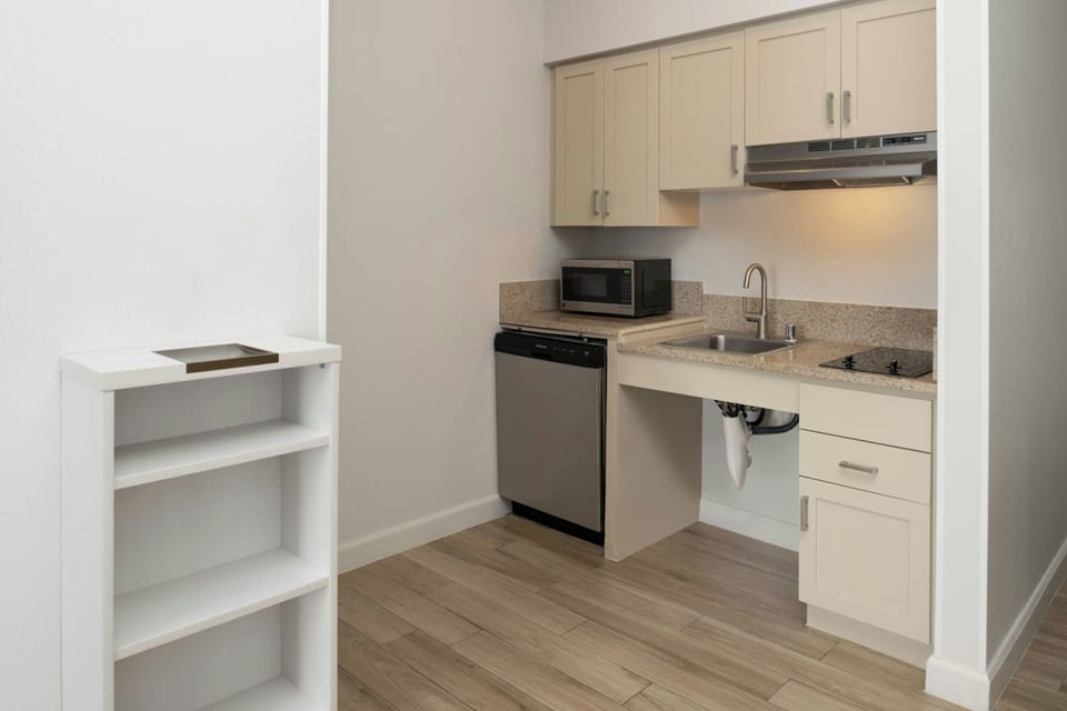 Full-size fridge, microwave, stovetop, dishwasher