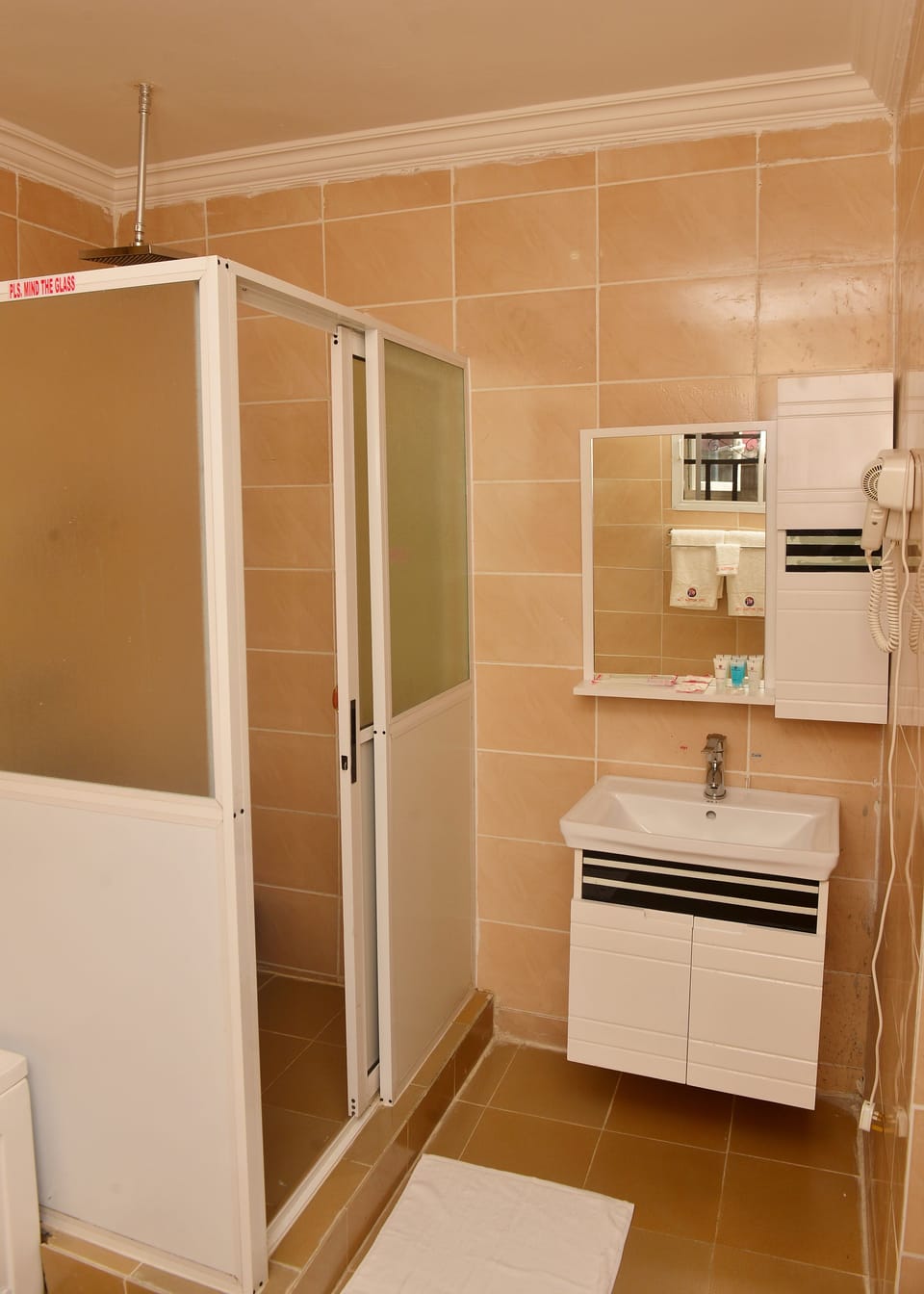 Shower, rainfall showerhead, free toiletries, hair dryer