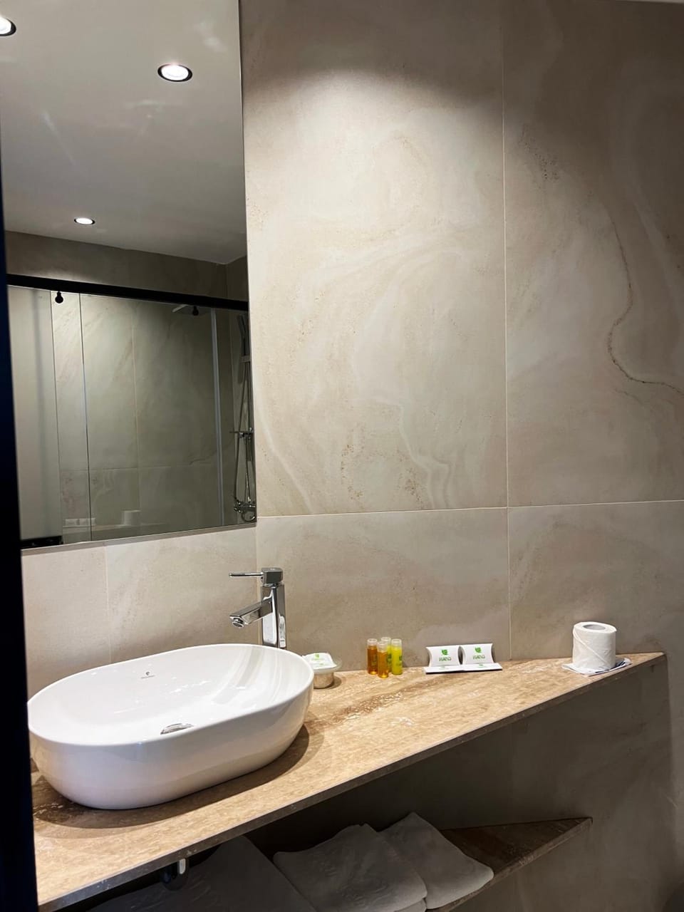 Shower, free toiletries, hair dryer