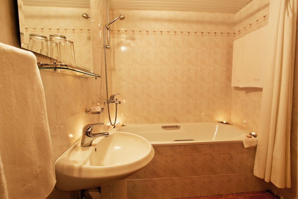 Shower, deep soaking tub, free toiletries, hair dryer