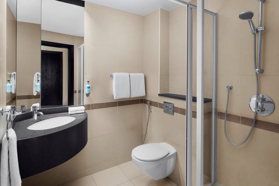 Shower, hair dryer, bidet, towels