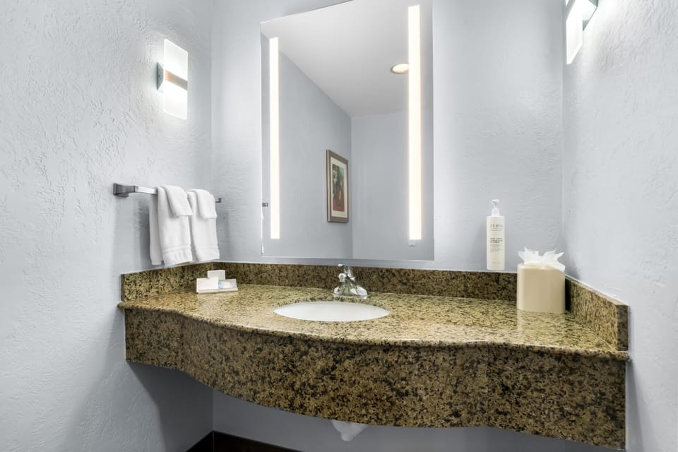 Shower, hydromassage showerhead, free toiletries, hair dryer
