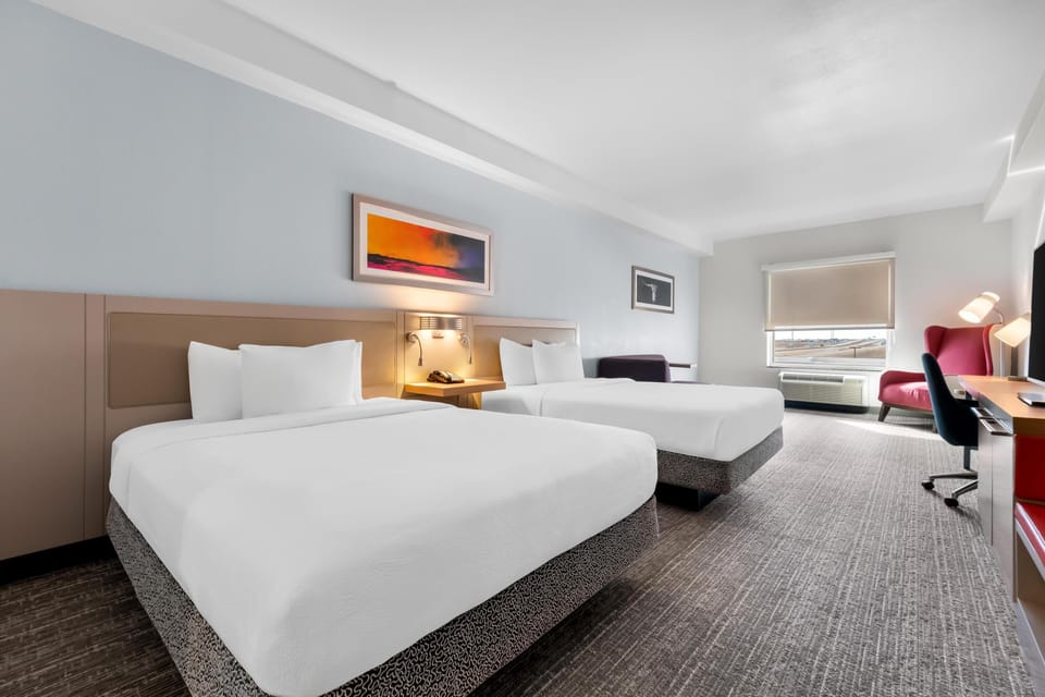 Hypo-allergenic bedding, down comforters, desk, blackout drapes