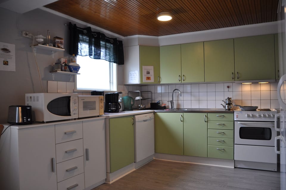 Full-size fridge, microwave, oven, dishwasher