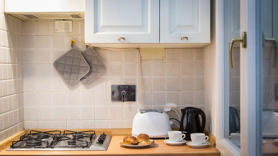 Full-size fridge, microwave, oven, stovetop