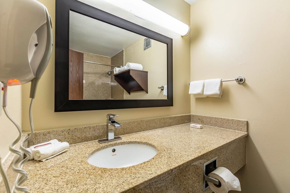 Combined shower/tub, free toiletries, hair dryer, towels