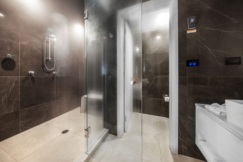 Steam Suite | Bathroom | Designer toiletries, hair dryer, towels, soap