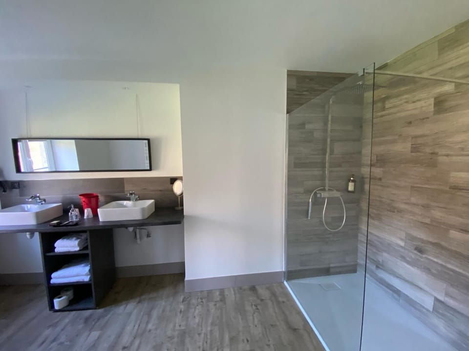 Shower, rainfall showerhead, free toiletries, hair dryer