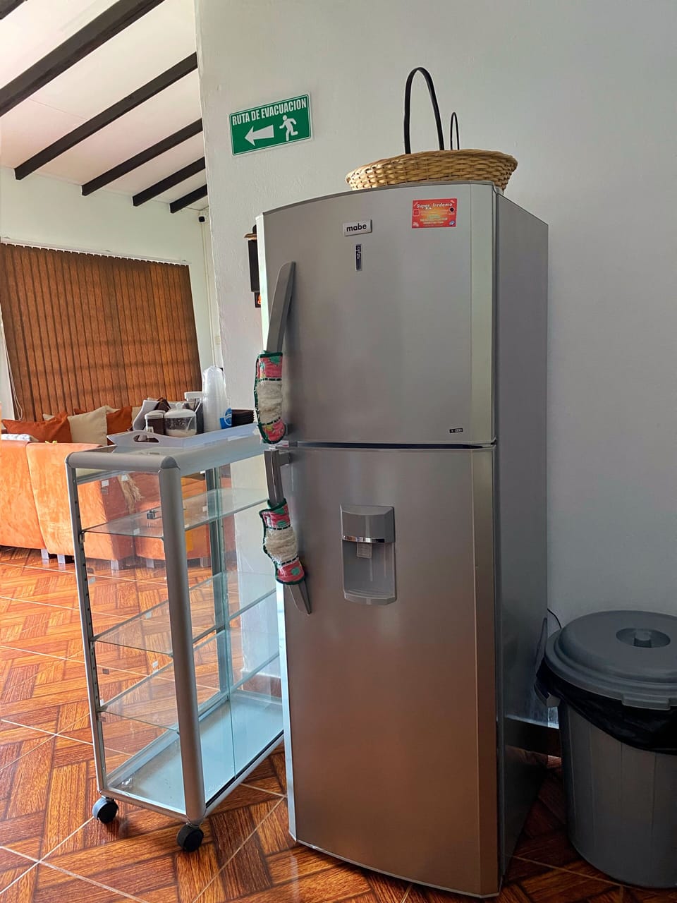 Fridge, dining tables