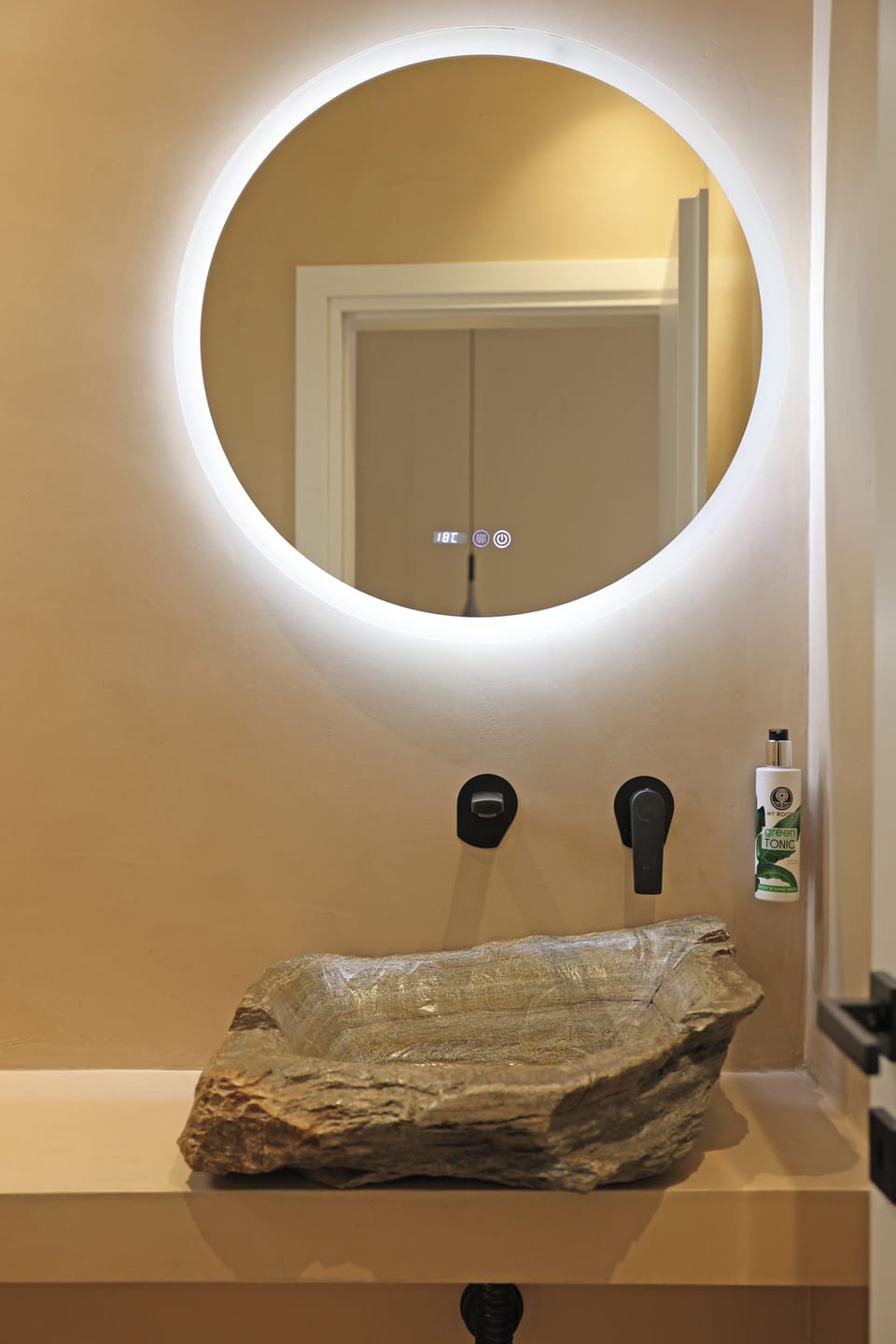 Shower, rainfall showerhead, designer toiletries, hair dryer
