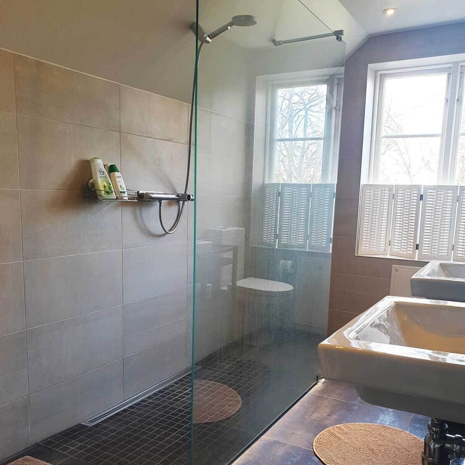 Shower, free toiletries, hair dryer, towels