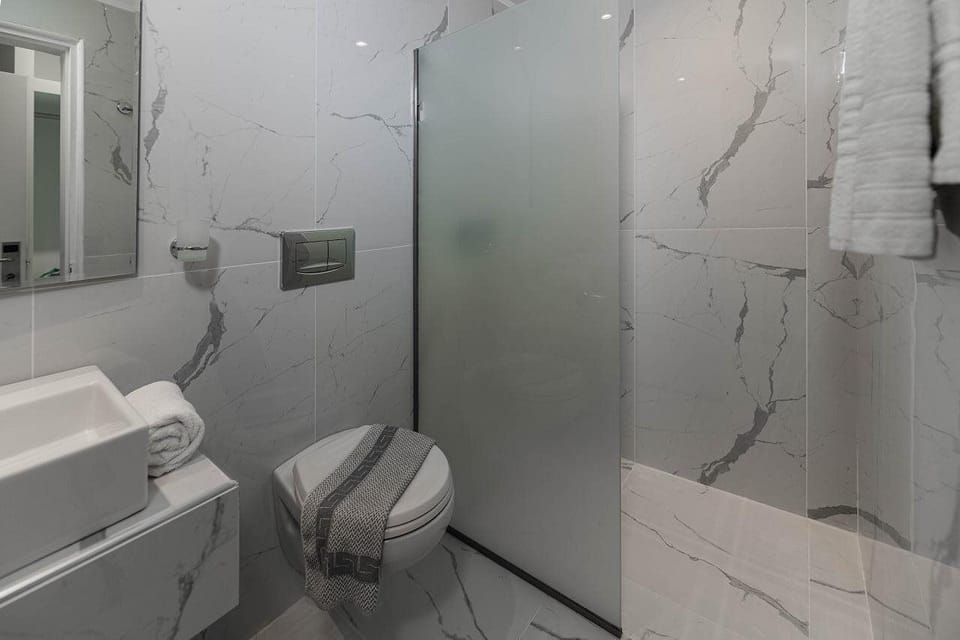 Shower, free toiletries, hair dryer, towels