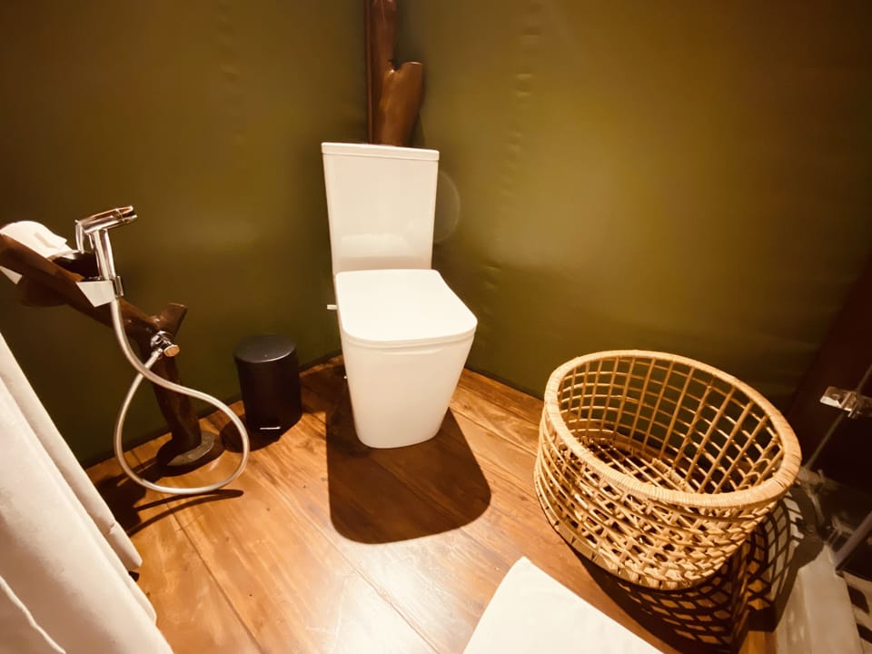 Shower, rainfall showerhead, free toiletries, hair dryer