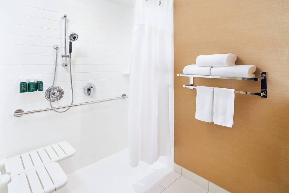 Room, 1 King Bed (Mobility/Hearing Access, Roll-In Shwr) | Bathroom | Free toiletries, hair dryer, towels