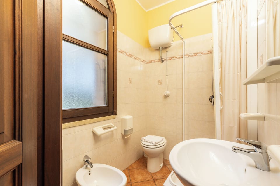 Shower, free toiletries, bidet, towels