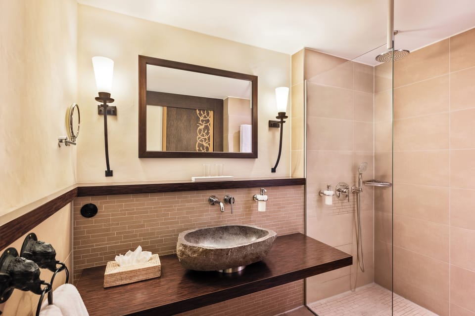 Shower, rainfall showerhead, hair dryer, bathrobes