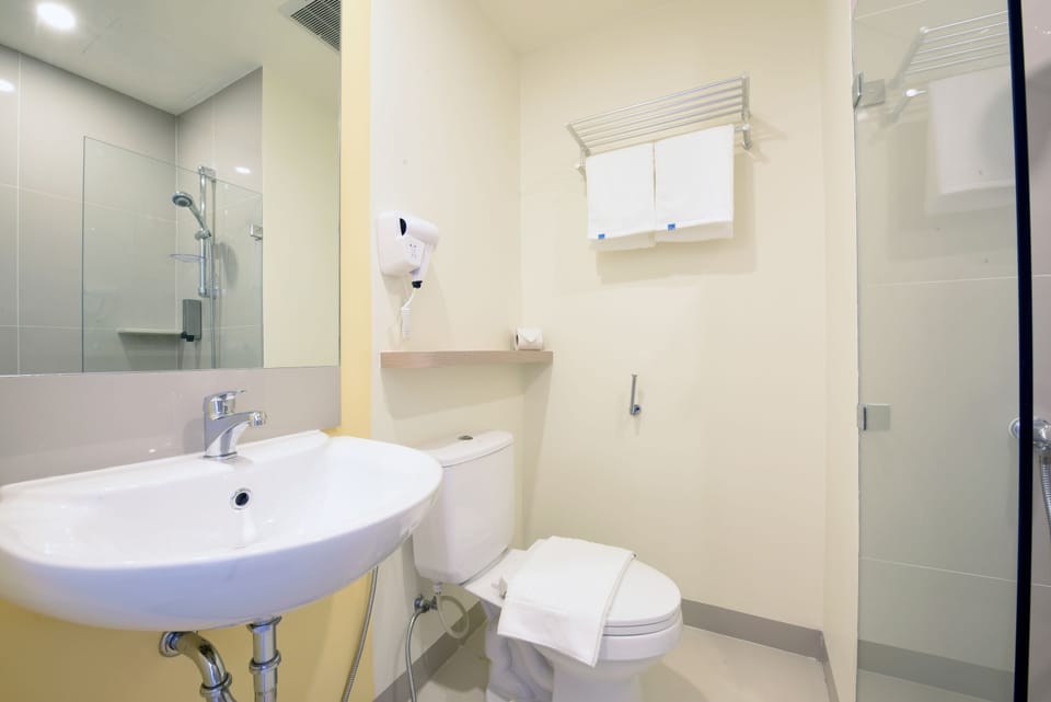 Shower, hair dryer, bidet, towels