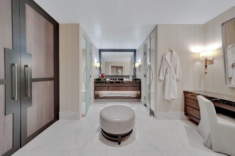 Shower, designer toiletries, hair dryer, bathrobes