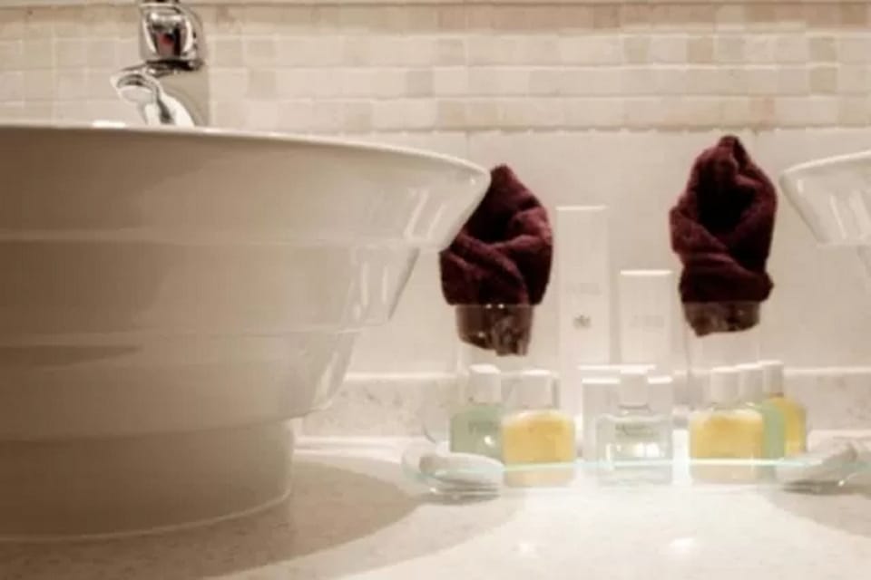 Combined shower/tub, hair dryer, towels