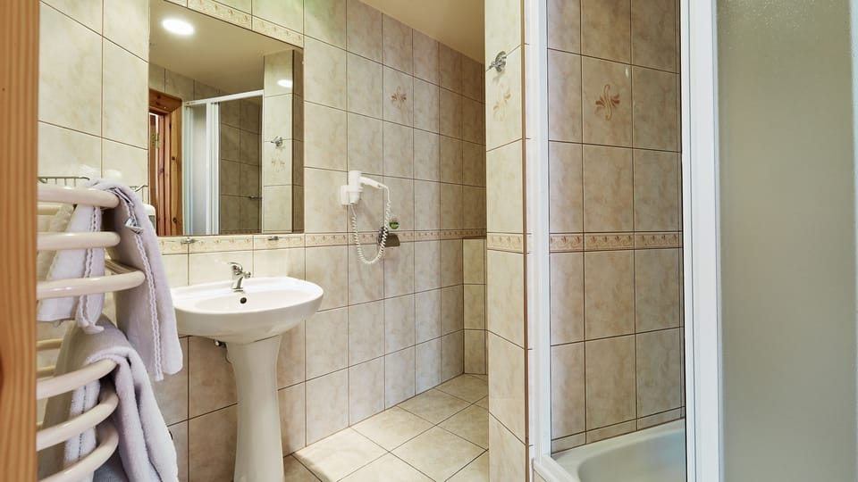 Shower, free toiletries, hair dryer, towels