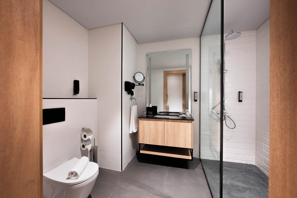Shower, hair dryer, slippers, bidet