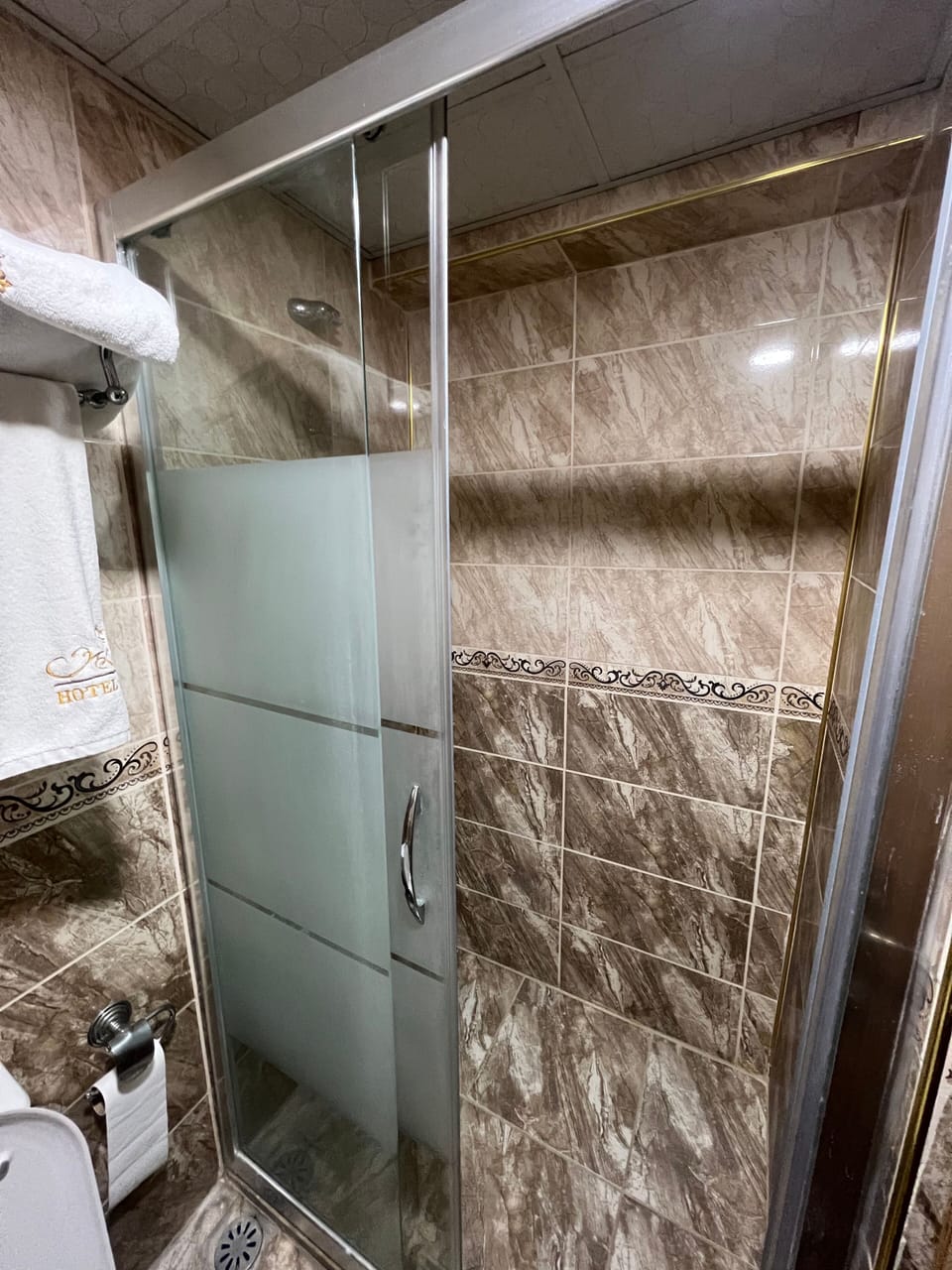 Separate tub and shower, rainfall showerhead, free toiletries