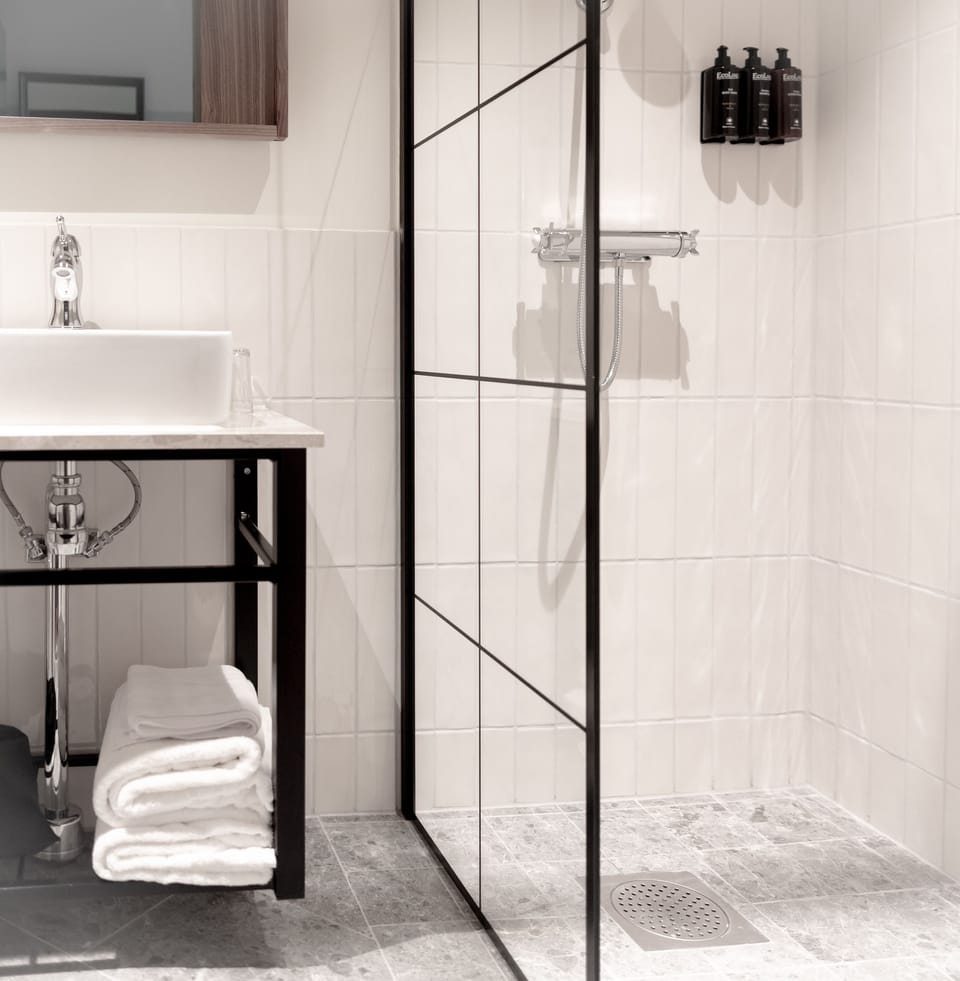 Shower, free toiletries, hair dryer, towels