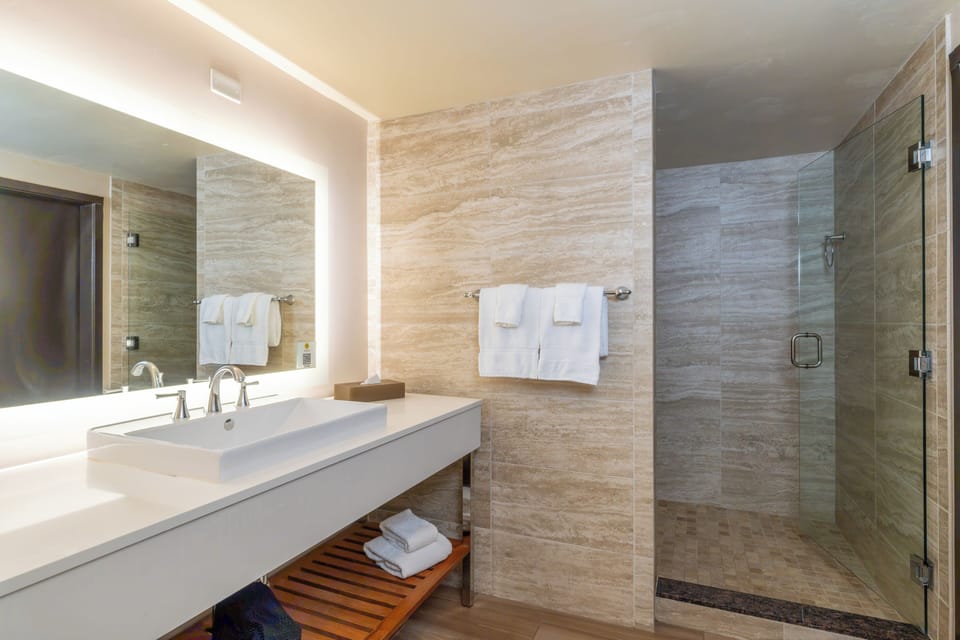 Shower, designer toiletries, hair dryer, towels