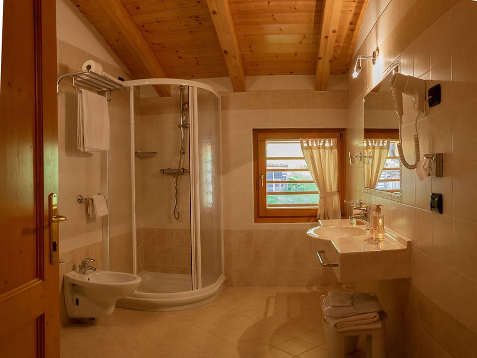 Shower, free toiletries, hair dryer, slippers