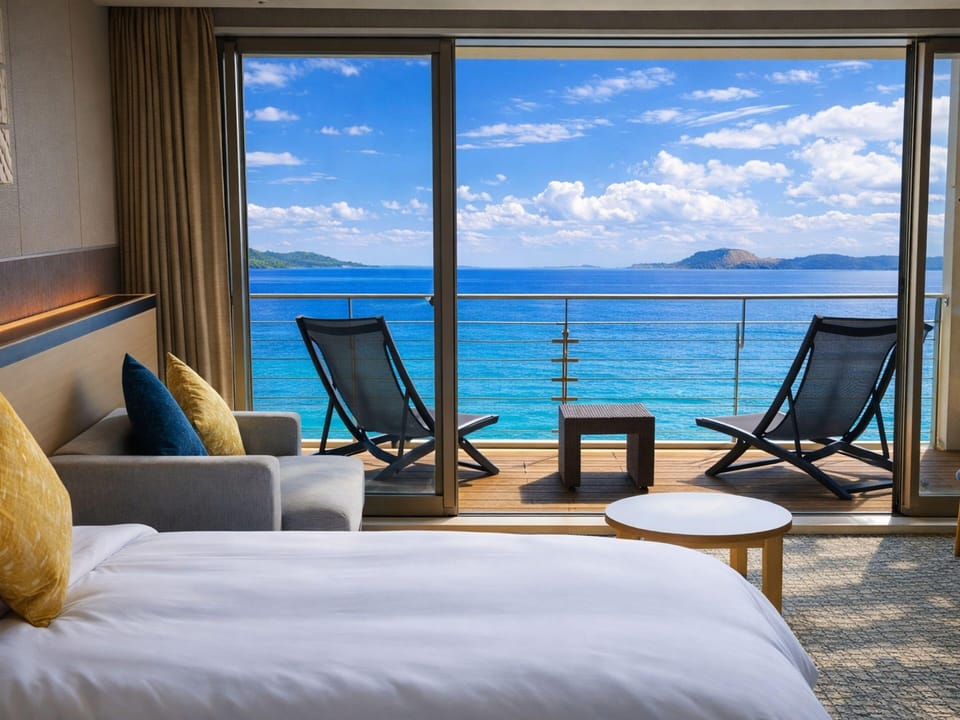 Premium Twin Room with Semi-Open Air Bath and deck, Non Smoking, Ocean View | In-room safe, desk, WiFi (free), bed sheets
