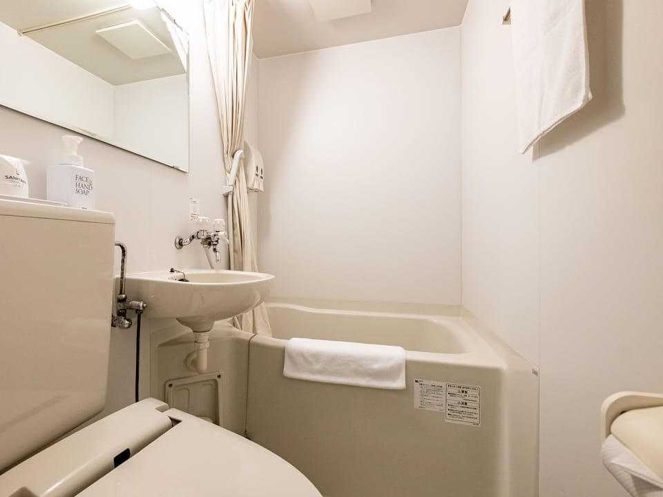 Combined shower/tub, free toiletries, hair dryer, slippers