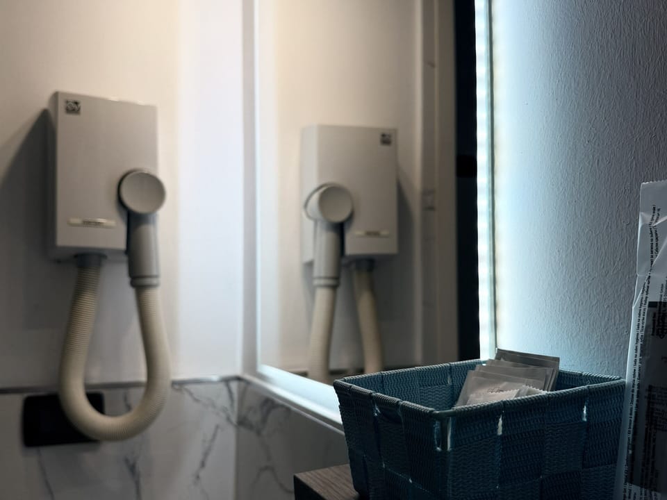 Free toiletries, hair dryer, bidet, towels