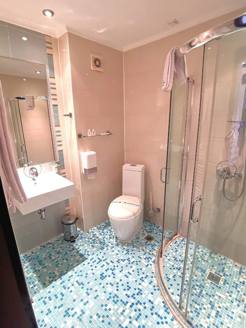 Shower, free toiletries, hair dryer, towels