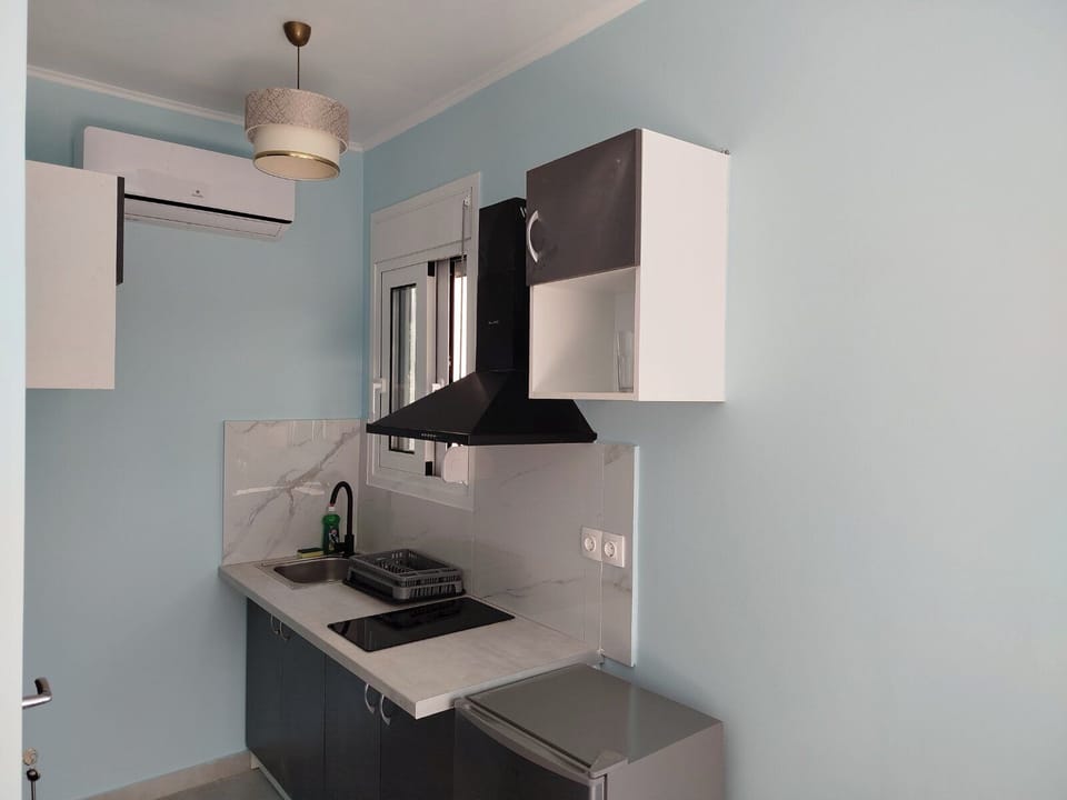 Fridge, stovetop, coffee/tea maker, electric kettle
