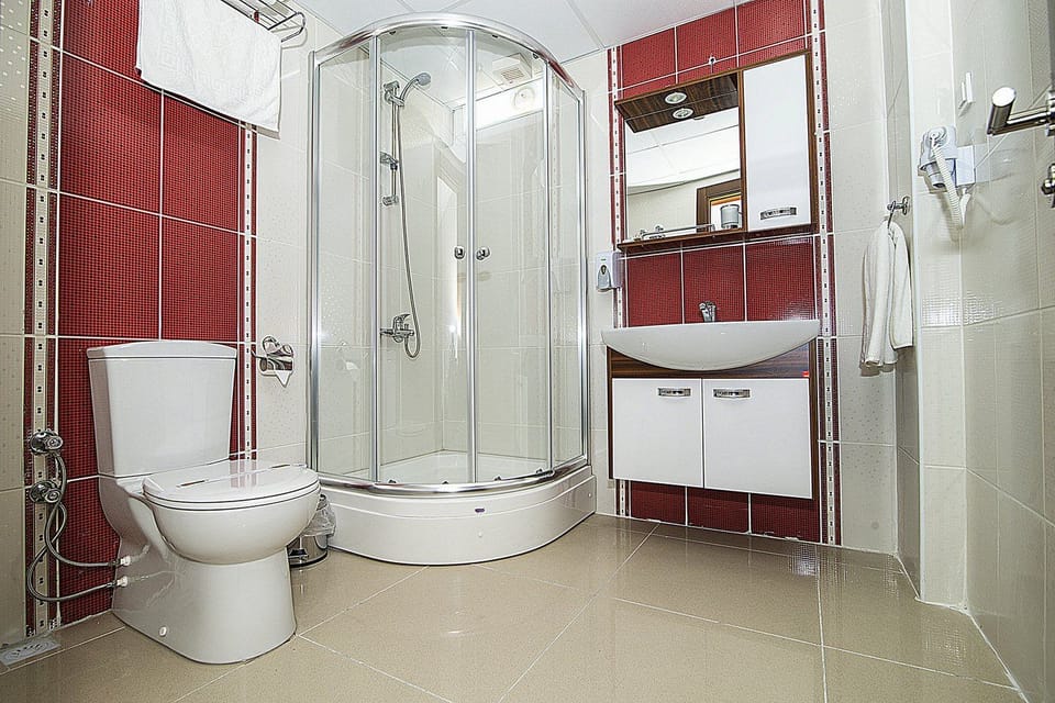 Shower, free toiletries, hair dryer, slippers