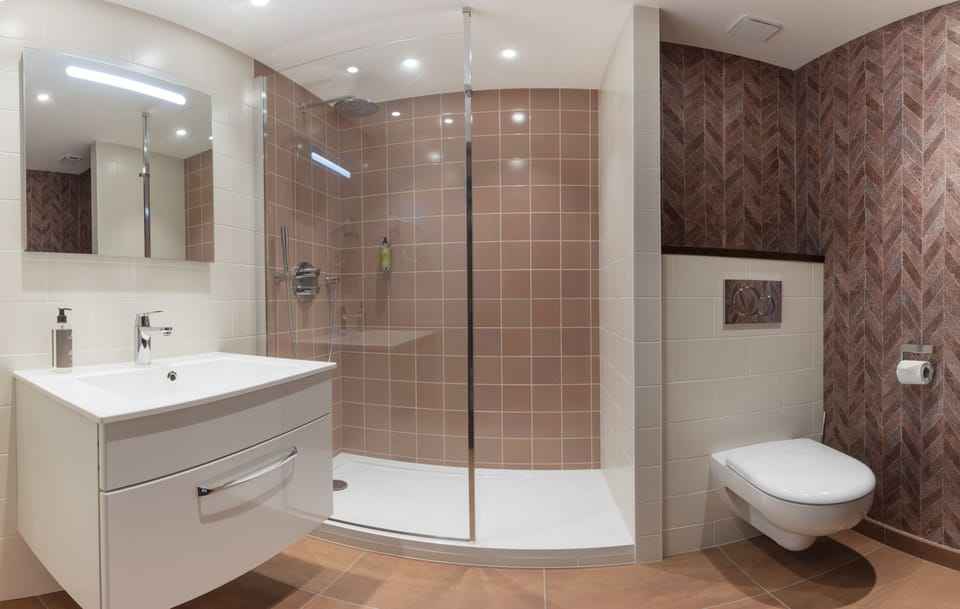 Hair dryer, towels, soap, shampoo