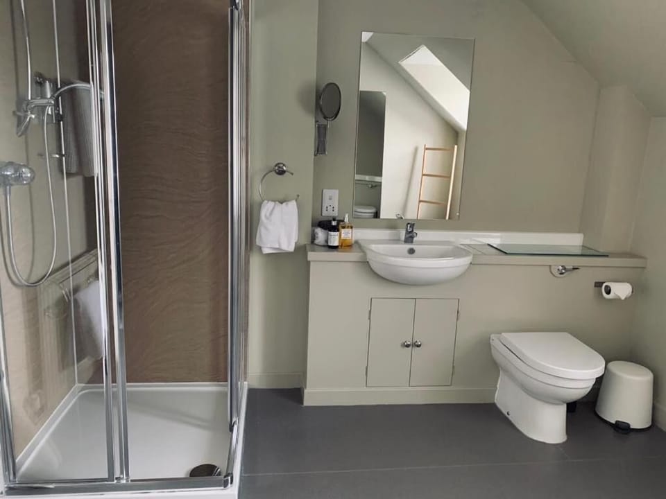 Shower, free toiletries, hair dryer, slippers