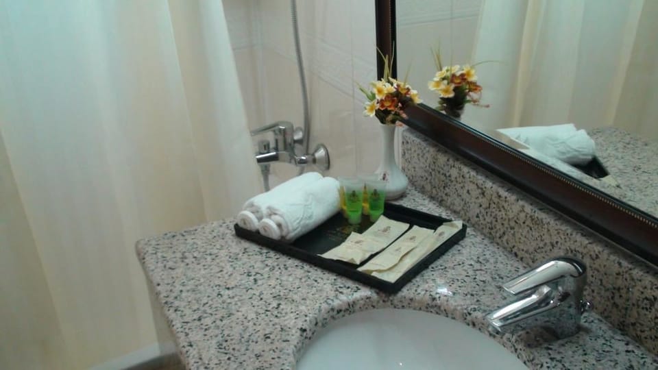 Combined shower/tub, free toiletries, hair dryer, bathrobes