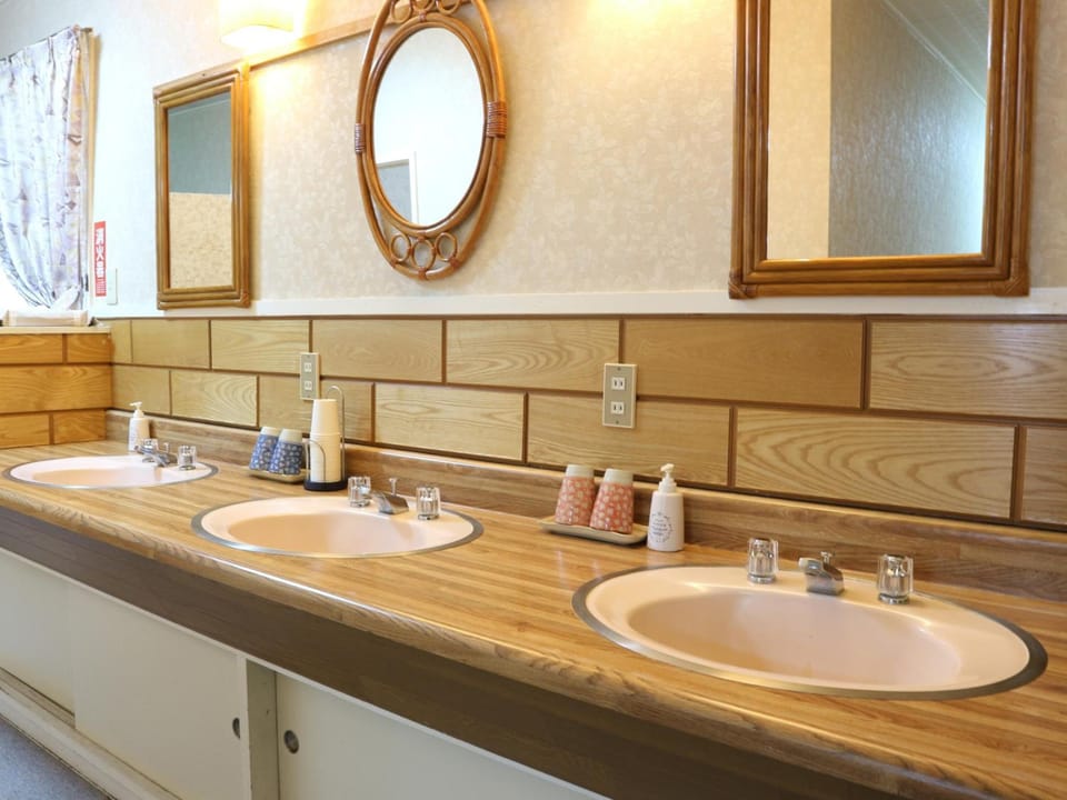 Combined shower/tub, free toiletries, hair dryer, slippers