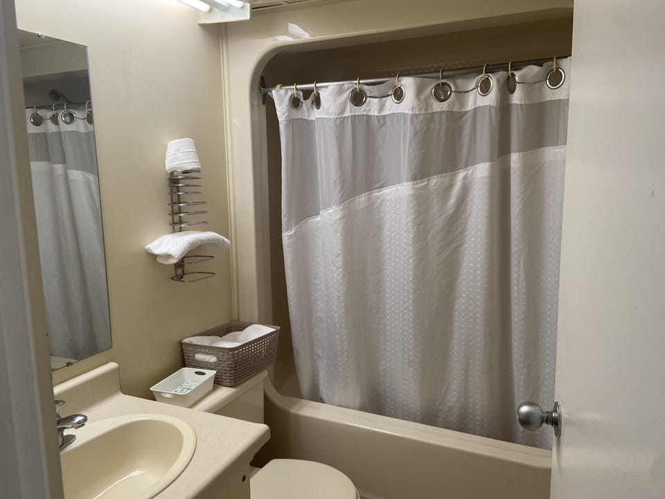Combined shower/tub, jetted tub, hair dryer, towels