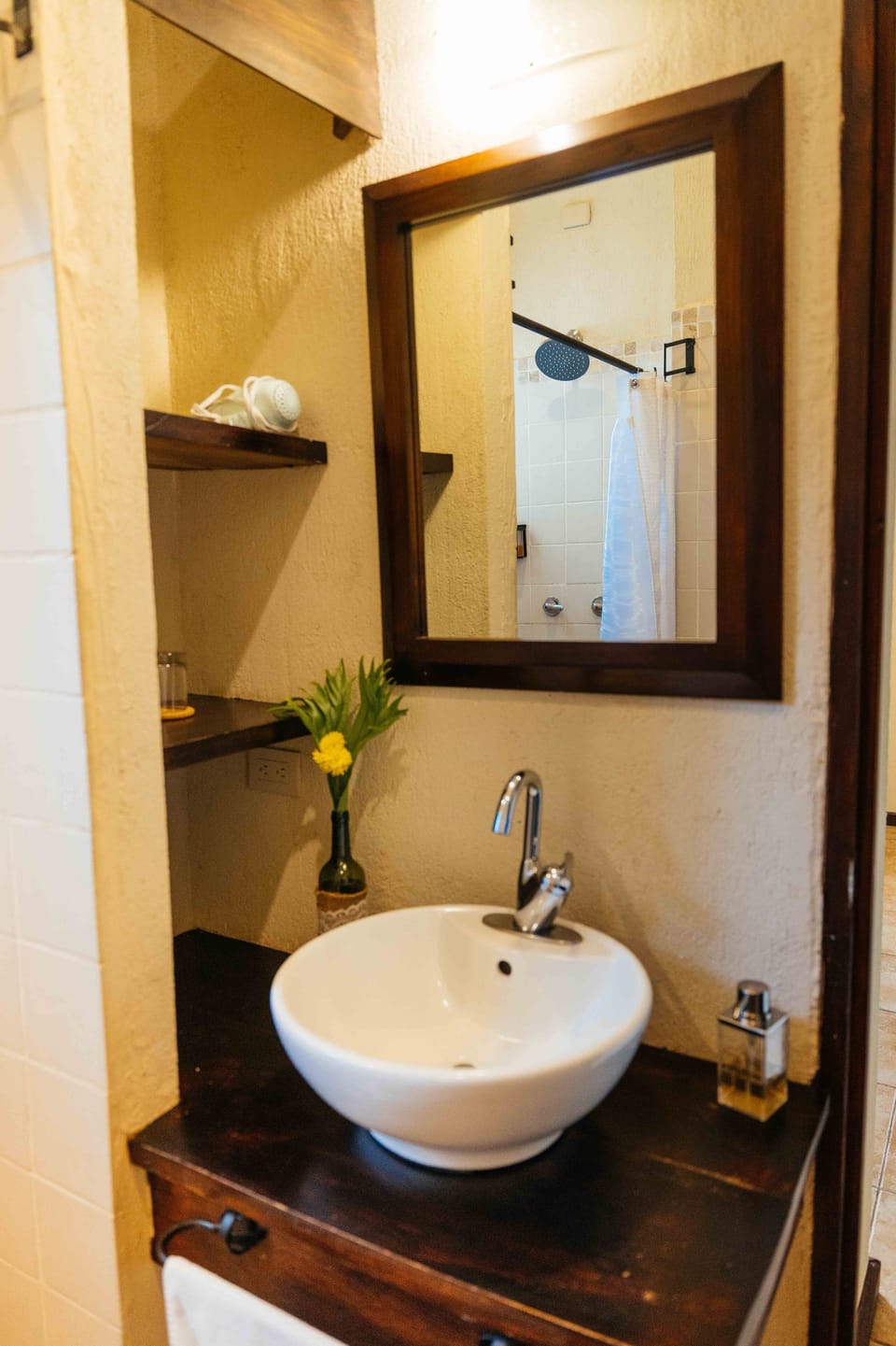 Shower, rainfall showerhead, hair dryer, towels