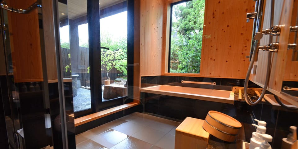 House [Kaede] Twin Bed Room, Japanese Style Room, Open-air Bath | Bathroom | Separate tub and shower, deep soaking tub, designer toiletries