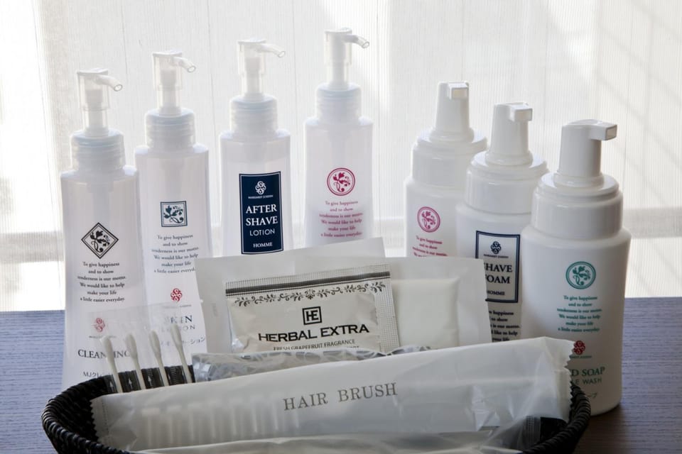 Combined shower/tub, free toiletries, hair dryer, slippers
