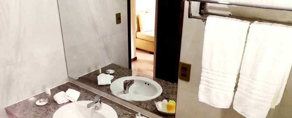 Combined shower/tub, deep soaking tub, free toiletries, hair dryer