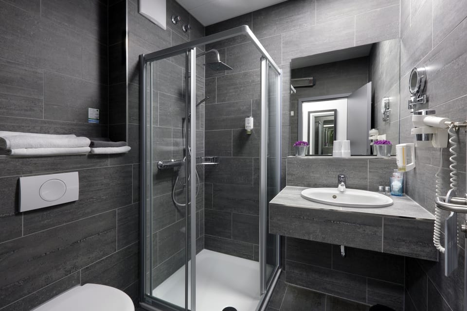 Shower, free toiletries, hair dryer, towels