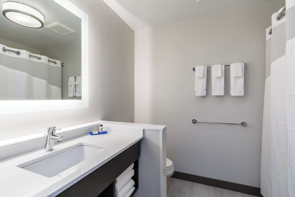 Combined shower/tub, free toiletries, hair dryer, towels