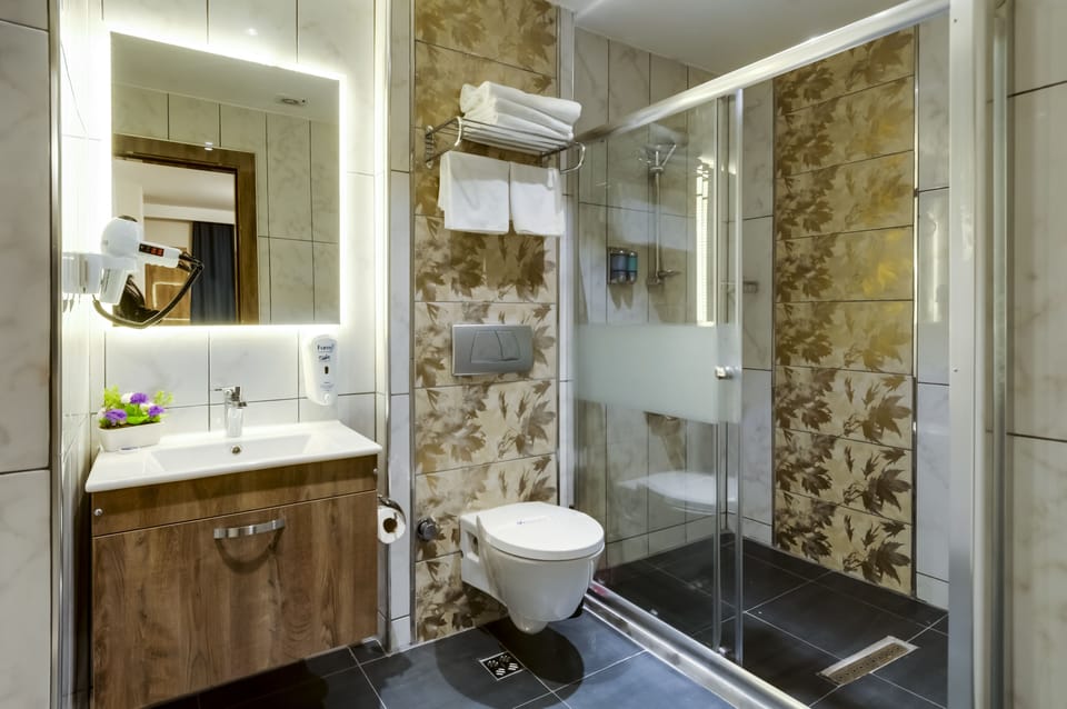 Shower, free toiletries, hair dryer, slippers