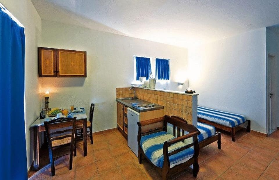 Mini-fridge, stovetop, electric kettle, cookware/dishes/utensils