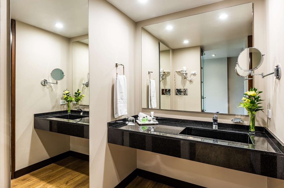 Eco-friendly toiletries, hair dryer, bathrobes, towels